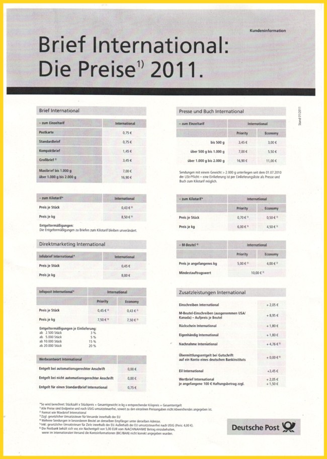 Entgeltänderungsinfoblatt zum 1. Januar 2011 Entgeltänderungsinfoblatt zum 1. Januar 2011