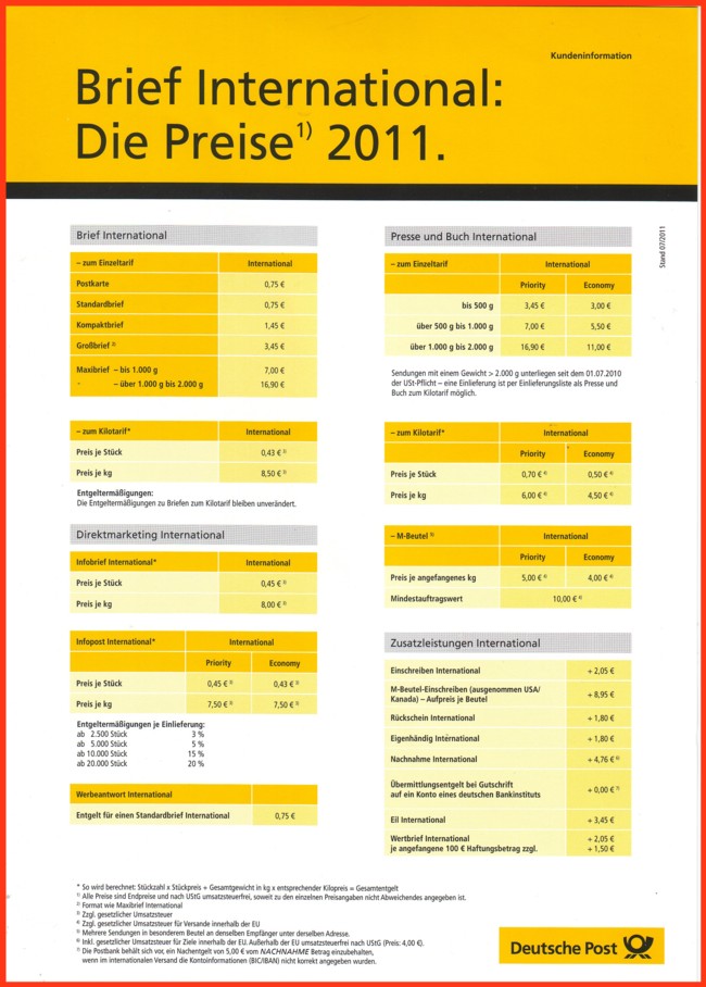 Neues Infoblatt zu Brief International für die Preise ab 1. Juli 2011 - speziell wegen teilweiser Einführung von mehrwertsteuerpflichtigen Produkten Neues Infoblatt zu Brief International für die Preise ab 1. Juli 2011 - speziell wegen teilweiser Einführung von mehrwertsteuerpflichtigen Produkten