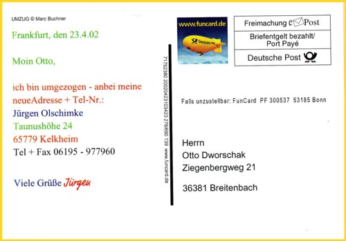 Frankaturseite einer echt gelaufenen Funcard - hier mit dem Postzeppelin