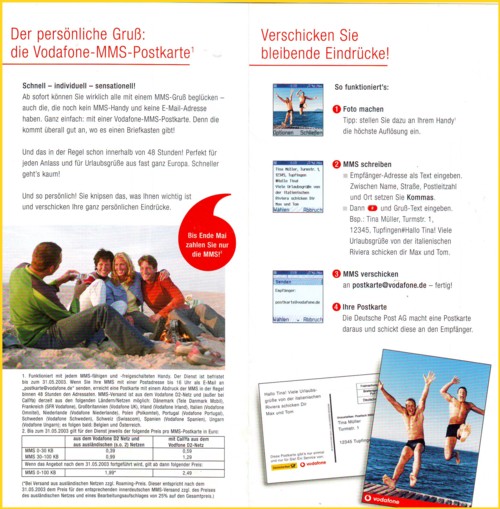 Die Innenseiten des gemeinsamen Werbeflyers von der Deutschen Post AG und von Vodafone zur Einführung der MMS-Postkarten