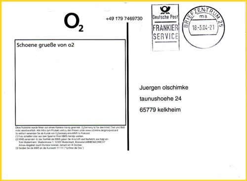 Frankaturseite einer MMS-Postkarte von O2, abgeschickt von der CeBI 2004 vom O2-Messestand - die Frankatur wird über die Dienstleistung Frankierservice im BZ 25 angebracht 