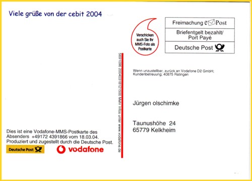 Frankaturseite einer MMS-Postkarte von Vodafone von der CeBIT 2004