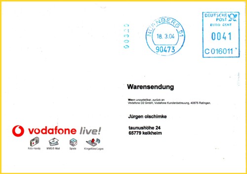 Der Umschlag mit den 8 Aufklebern (Stickern) verschickt als Warensendung - Inhalt 8 Aufkleber auf Postkarte sowie Werbeflyer (siehe Anfang des Artikels)