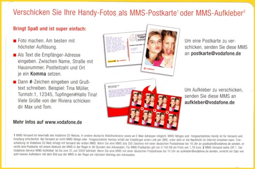 Werbematerial zur MMS-Postkarte von Vodafone als Beilage bei den Stickern