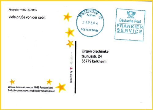 Ein ungewöhnlicher Frankierservicestempel - hier auf einer MMS-Postkarte