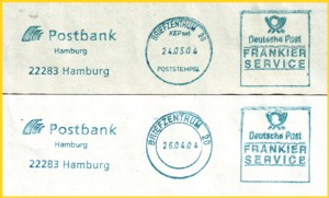 Frankierservicestempel mit Postbankwerbung aus der kurzen Zeit mit KEPnet-Klischee und wenige Tage nachher wieder mit richtigen Klischee Briefzentrum 20