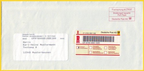 ein Muster-ePost-Einschreibebrief in Hybridform aus dem Jahre 1999