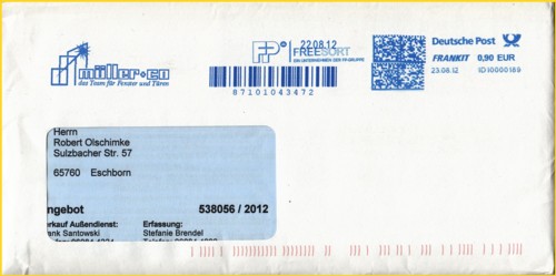 Brief freigemacht über den Postkonsoliderer Freesort mit Eigenwerbung von Freesort
