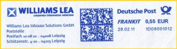 Absenderfreistempel mit Eigenwerbung Williams Lea hier von Leipzig