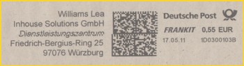 Sehr seltener Frankit-Abschlag in schwarzer Farbe mit Eigenwerbung von Williams Lea Inhouse Solutions GmbH aus 97076 Würzburg Sehr seltener Frankit-Abschlag in schwarzer Farbe mit Eigenwerbung von Williams Lea Inhouse Solutions GmbH aus 97076 Würzburg