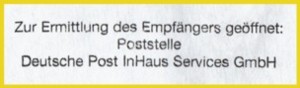 Der erste bekannte Nebenstempel eines der drei großen Postkonsoliderer - hier von Deutsche Post InHaus Services GmbH Der erste bekannte Nebenstempel eines der drei großen Postkonsoliderer - hier von Deutsche Post InHaus Services GmbH