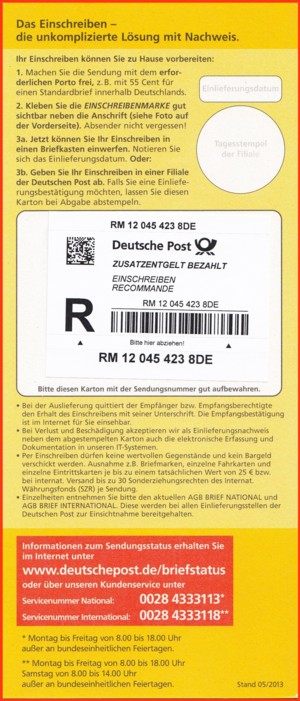 Einschreibenmarke - Labelseite - Stand 05/2013 mit neuen kostenlosen Telefonnummern