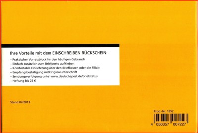 Rückseite der Verpackung der Einschreibenmarke "Einschreiben Rückschein"
