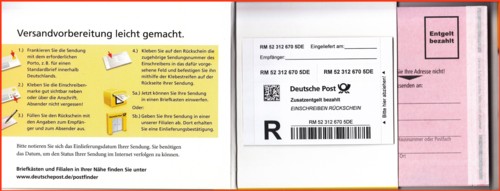 Die aufgeklappte Verpackung hier am Beispiel "Einschreiben Rückschein"