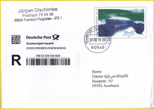 Plusbrief mit Wertstempel 58 + 42 Cent Hochwasserhilfe mit einer Einschreibenmarke "Einschreiben Eigenhändig" am 7. August 2013 innerhalb Deutschlands gelaufen