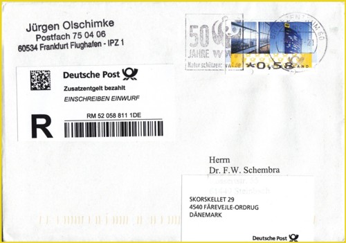 Einschreibenmarke "Einschreiben-Einwurf" auf einen Standardbrief eingeliefert über eine Briefkastenleerung am 5. August 2013, innerhalb Deutschlands gelaufen. Aufgrund eines Nachsendeantrags wurde der Brief kostenlos ohne Nachentgelt nach Dänemark weitergeleitet.