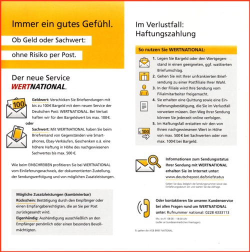 Der neue Werbeflyer zum wieder aufgelegten Wertbrief National (Stand 1.7.2014) - Innenseiten