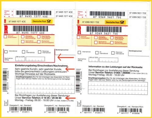 Die zwei ersten unterschiedlichen Einlieferungsscheine - links die Variante für Lörrach (vor dem Schalter erhältlich) und rechts die Variante für den Bereich Rottweil (die es nur hinter dem Schalter gab) - Die roten Pfeile auf der linken Seite weißen auf einige der markanten Unterschiede hin