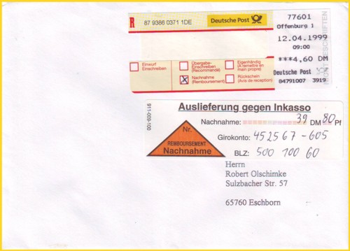 Da die Nachnahme zum Versuchszeitraum eine Schaltersendung war, konnte man diese auch mittels Barfreimachung frankieren lassen.