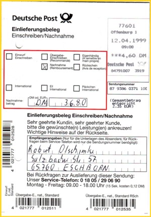 Im Unterschied zu einer normalen Einschreibsendung wurde zwar auch der obere Teil über das EPOS-System maschinell bedruckt, die Nachnahmesumme selbst aber mußte doch von Hand eingesetzt werden