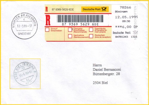 Bezüglich von Briefen aus dem Zollausschlußgebiet Büssingen in die Schweiz gelten besondere Entgelte. Dazu gab es auch entsprechende besondere Gebührenhefte vor Ort. Die Preise dazu sind in Schweizer Franken und werden nach den aktuellen Wechselkursen umgerechnet. Zur Zusätzlichen Kennzeichnung erfolgt immer ein Tagesstempelabschlag aus Büssingen mit dem Vermerk "Sondertarif". Weitere Details finden Sie in eine separten Anmerkungen nach dieser Bildunterschrift