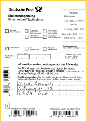 Der dazugehörige Einlieferungschein für den Einschreibbrief, aufgegeben in der Zollenklave Büssingen (liegt mitten in der Schweiz) und gehörte zum Versuchszeitpunkt zur Filialniederlassung Rottweil (daher beispeilsweise kein roter Rand um die anzukreuzenden Versendungsformen