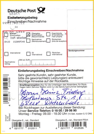 Wie man dem dazugehörigen Einlieferungsschein entnehmen kann, wurde dieser an der falschen Stelle bedruckt, da er scheinbar seitenverkehrt eingelegt wurde