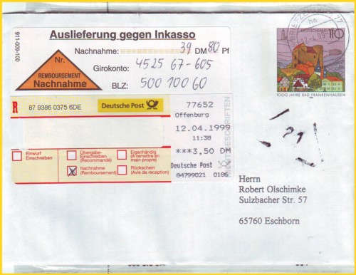 Eine Nachnahmesendung mit Teilbarfreimachung vom ersten Tag des Versuches