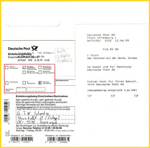 Rechts sehen Sie die Quittung für den Kauf eines Pluspäckchens Europa, links den zugehörigen Einlieferungsschein, der aufgrund der fehlerhaften Programmierung am ersten Tag hier nur einen klassischen bisherigen Vermerk druckte. Der Annahmebeamte vermerkte daher per Hand, daß die 4,-- DM Entgelt für das Einschreiben bezahlt sind