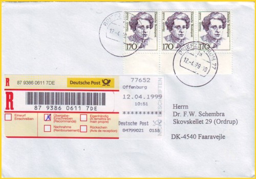 Ein schon im Voraus von dem Absender komplett freigemachter Einschreibebrief (4,00 DM Einschreiben + 1,10 DM Standardbrief bis 20g = 5,10 DM total), daher wurde hier das Einschreibelabel als reines Einschreibelabel benutzt und als zu zahlender Betrag nur eine Reihe mit Sternen gedruckt