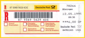 Das neue Barfreimachungslabel für einen Einschreibebrief aus Büsingen aus den ersten Tagen des Versuchs