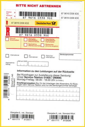 Hier die seltenste Version der Versuchseinlieferungsscheine, in der rechts der Teil perforiert ist, um ihn gegebenenfalls an eine andere Stelle zu kleben, wo auf dem Brief Platz ist - im aufgeklebten Zustand vor allen an der Nummer erkennbar !