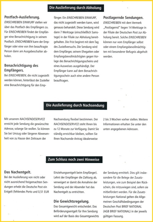 Weitere Details für die Auslieferung von Einschreibsendungen bei Abholung beziehungsweise was bei Nachsendungen passiert