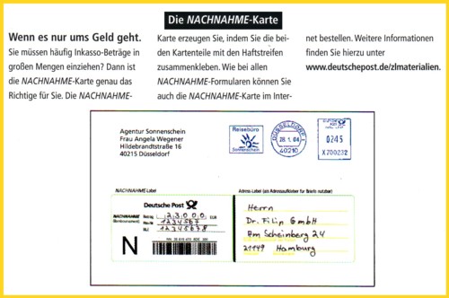 Die Nachnahme-Postkarte zusamengefaltet aus dem eben gezeigten Nachnahmeformular