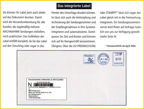 Das nun erstmals mögliche integierte Label Nachnahme - beispielsweise über Stampit oder DV-Freimachung oder die Software Postkit herstellbar - im Orginal bisher nicht gesehen - wer hat hier ein Orginal ? oder kann zumindest eine Farbkopie oder Scan liefern ? 