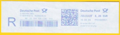 Frankit Abdruck zusammen mit Einschreiben eigenhändig Rückschein vom 10. März 2004 von Neopost ohne Musterangabe (gefunden auf der CeBIT 2004)