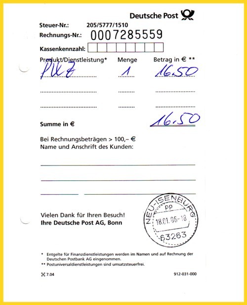Quittung von einem Postpoint der ersten Generation vom 18. Januar 2006 von 63263 Neu-Isenburg UB "pp"