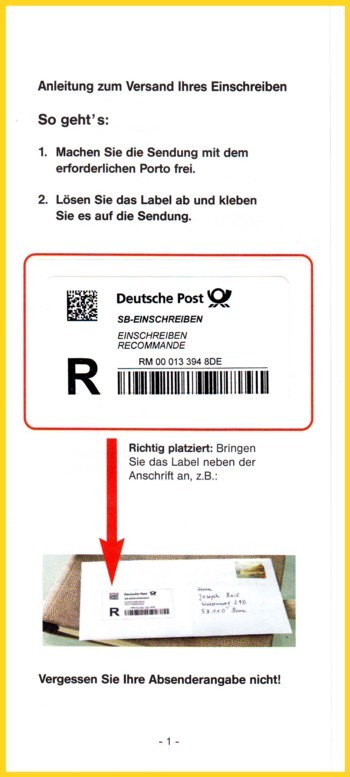Die Vorderseite des neuen SB-Einschreiben