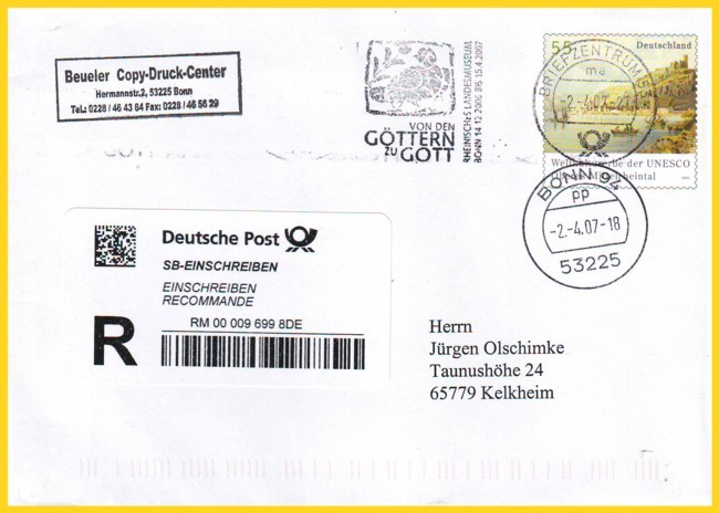 SB-Einschreiben vom ersten Tag (2. April 2007) vom Postpoint in Bonn-Beul im Copy Shop Samsami mit der Filialnummer 94. Wie man sieht, laufen die Belege alle noch einmal durch die Stempelmaschine, da keine getrennte Abholung schon gestempelter Belege vorgesehen ist