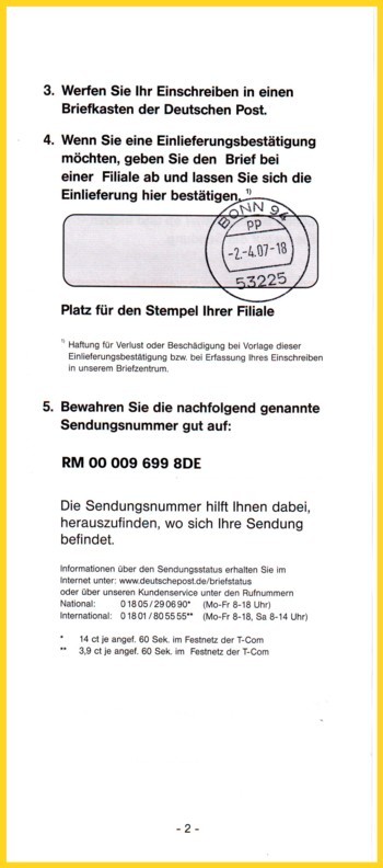 Die Rückseite des neuen SB-Einschreibens - hier die Einlieferungsbescheinigung vom 2. April 2007 aus Bonn 94
