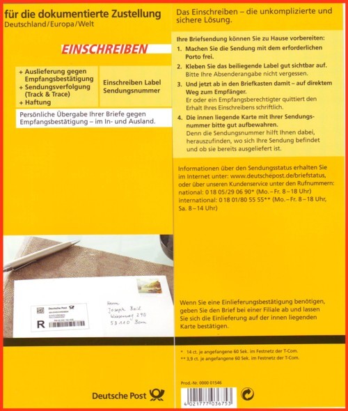 Werbekarton der Blisterpackung für den SB-Einschreiben - 2 Teile - ein Karton vorne und einer hinten - dazwischen befindet sich als Einlage der SB-Einschreiben  incl. Einlieferungsschein