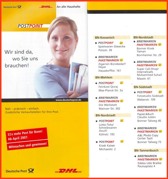Die Postwurfsendung an alle Haushalte aus Bonn - Vorderseite und weitere Seite mit einem Teil der Standorte dazugeblendet