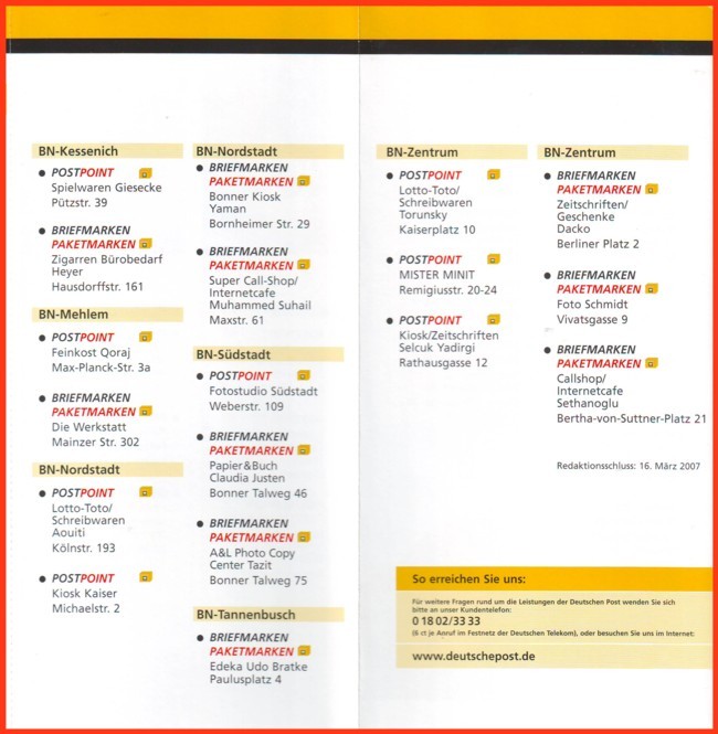 Die Standorte der Postpoints aus dem Versuchsgebiet Bonn laut Postwurfsendung an die Bonner Haushalte - Teil 2