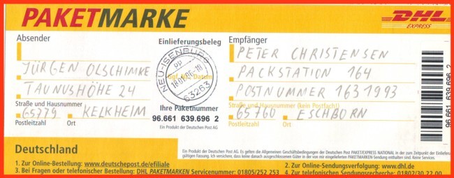 Paketmarke gekauft und aufgeliefert an einem Postpoint der 1. Generation - für diesen Fall wird natürlich als Einlieferungsnachweis der Tagesstempel benötigt - hier mit dem typischen Unterscheidungsbuchstaben "pp"