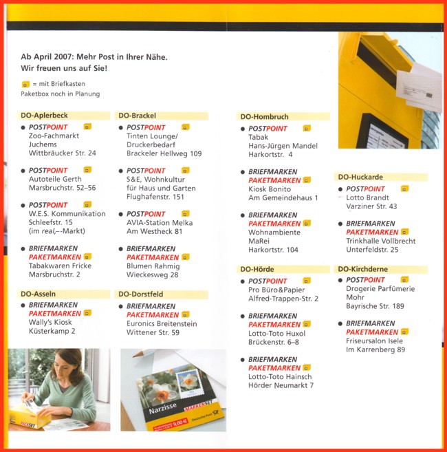 Die Versuchsstandorte der Postpoints in Dortmund so wie Sie in der Postwurfsendung an die Dortmunder Haushalte vorgestellt wurden: