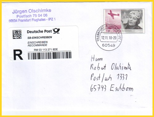 SB-Einschreiben an ein Postfach vom November 2010 mit einem neuen Auslieferungsbeleg (siehe folgende Abbildung)