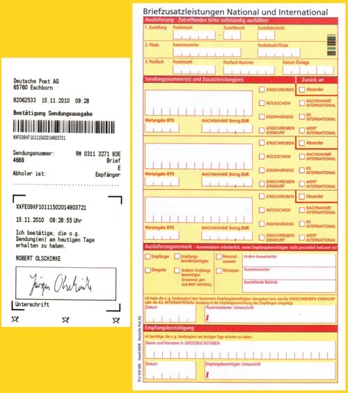 links der neue Auslieferungsschein und rechts das alte Formular, das normalerweise hier im Fall einer Postfachanschrift noch benutzt hätte werden müssen