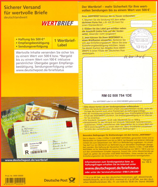 Vorder- und Rückseite des Wertbrief national mit SB-Einschreibelabel - hier mit Tagesstempel 13158 Berlin Wilhelmsruh 11.11.2009 sowie der noch vorhandenen Sendungsnummer dient gleichzeitig als Einlieferungsbeleg
