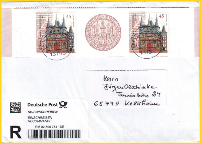 Wertbrief Kompakt 20-50g mit Doppelfrankatur 45 Cent aus einem Markenheftchen, SB-Label mit stiller Versicherung am 11. November 2009 gestempelt in 13158 Berlin Wilhelmsruh, kodiert