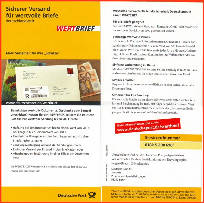 sehr seltenes Werbeblatt für den neuen Wertbrief national 2009 - nur erhältlich in einigen posteigenen Postämtern